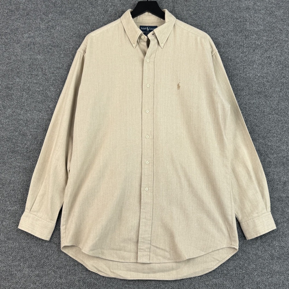 Ralph Lauren Blake Button Down Shirt Mens L Beige Herringbone Preppy Long Sleeve